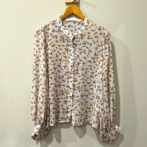 Floral Matallic Threaded Sheer Billow Sleeve Blouse | Size M - Picture 1 of 7